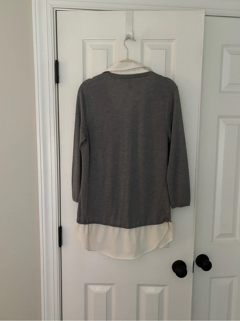 NYDJ Gray Layered V-Neck Sweater with White Shirt Detail